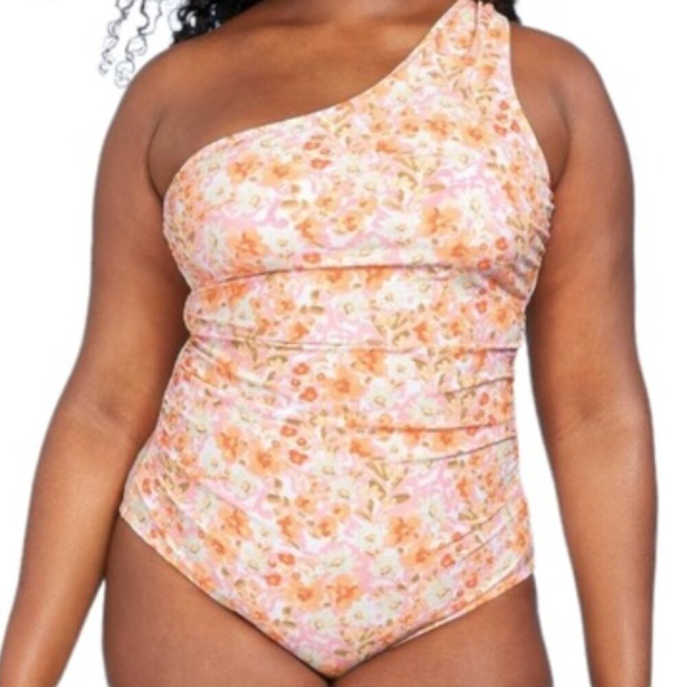 NWT KONA SOL Orange Pink Floral One Shoulder Swimsuit One-Piece – Plus 20W
